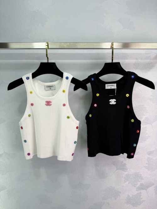 Chanel Women's Sleeveless Knit Tank Top with Floral Appliqué Accents 1 Chanel Women's Sleeveless Knit Tank Top with Floral Appliqué Accents