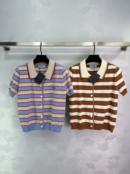 Prada Striped Knit Polo Cardigan with Embroidered Logo Detail - Short Sleeve 1 Prada Striped Knit Polo Cardigan with Embroidered Logo Detail - Short Sleeve