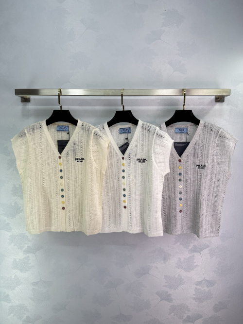 Prada V-Neck Crochet Knit Sleeveless Cardigan with Colorful Button 1 Prada V-Neck Crochet Knit Sleeveless Cardigan with Colorful Button