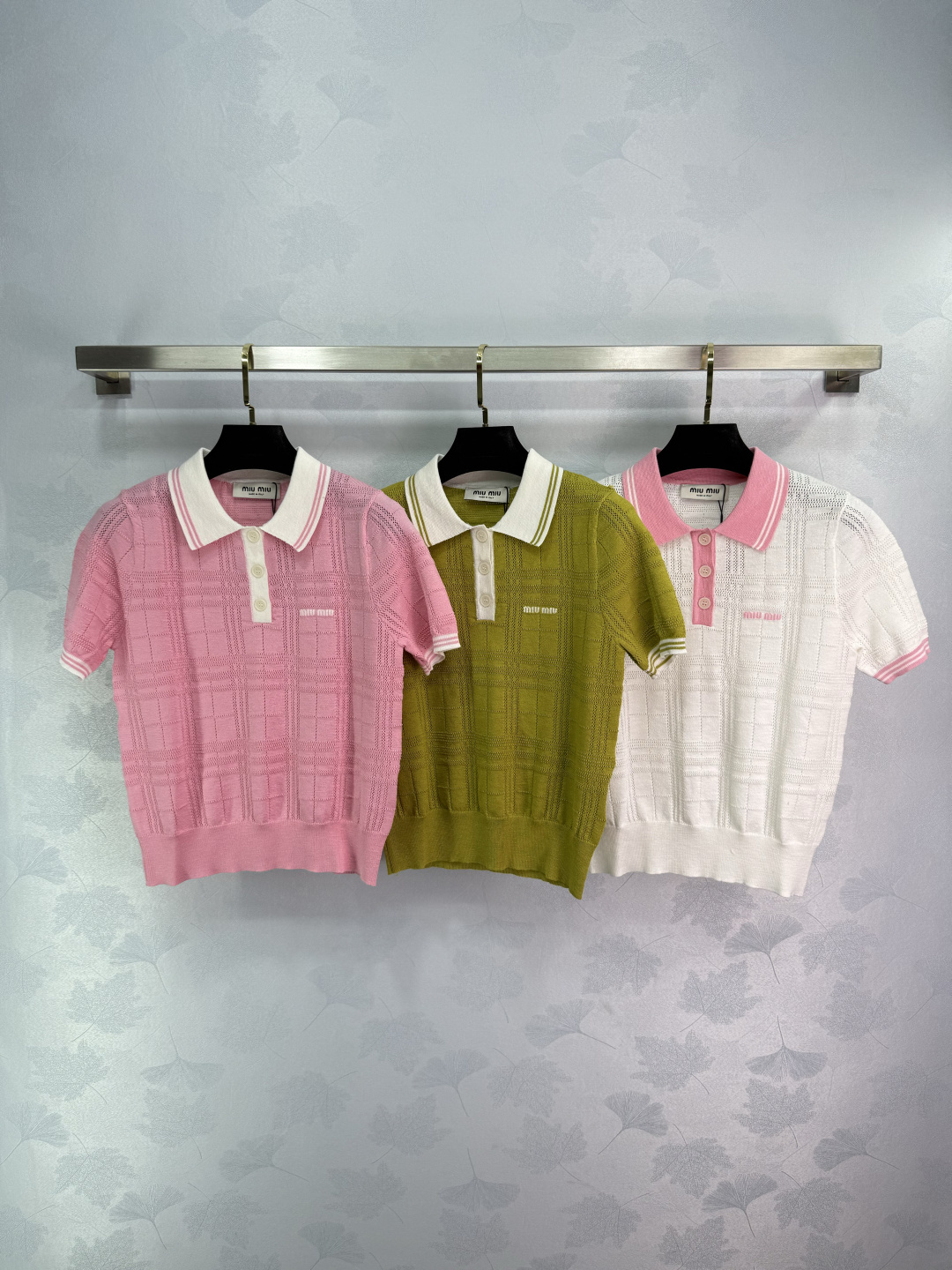 Miu Miu Women's Short Sleeve Knit Polo Shirt with Embroidered Logo Detail