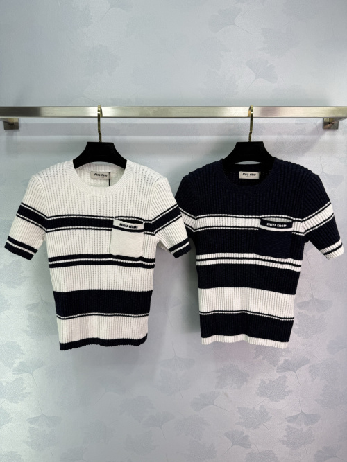 Miu Miu Striped Knit Short Sleeve Top with Pocket Detail 1 Miu Miu Striped Knit Short Sleeve Top with Pocket Detail