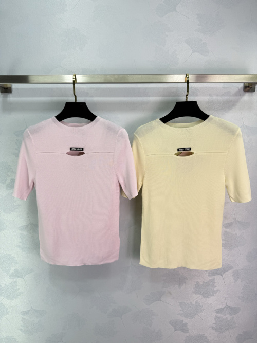 Miu Miu Women's Short Sleeve Knit Top with Logo Cutout - Spring/Summer 1 Miu Miu Women's Short Sleeve Knit Top with Logo Cutout - Spring/Summer