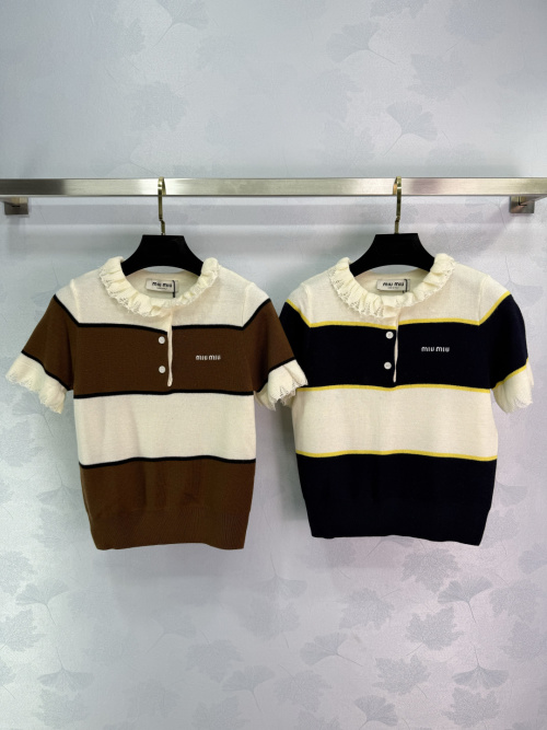 Miu Miu Striped Knit Short Sleeve Top with Lace Trim - Summer Collection 1 Miu Miu Striped Knit Short Sleeve Top with Lace Trim - Summer Collection