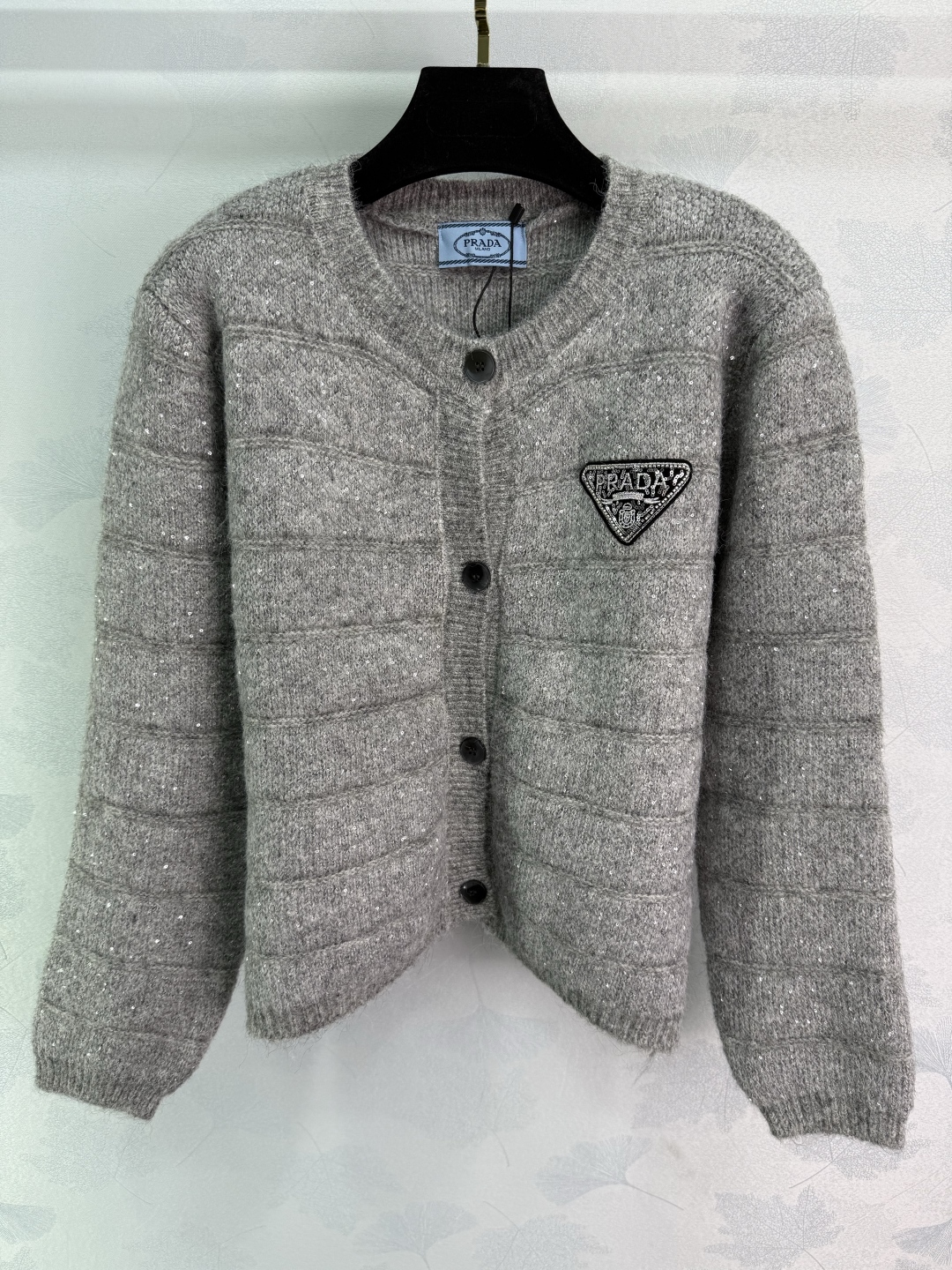 Prada Women's Wool Blend Knit Cardigan with Sequin Stripes and Logo Applique