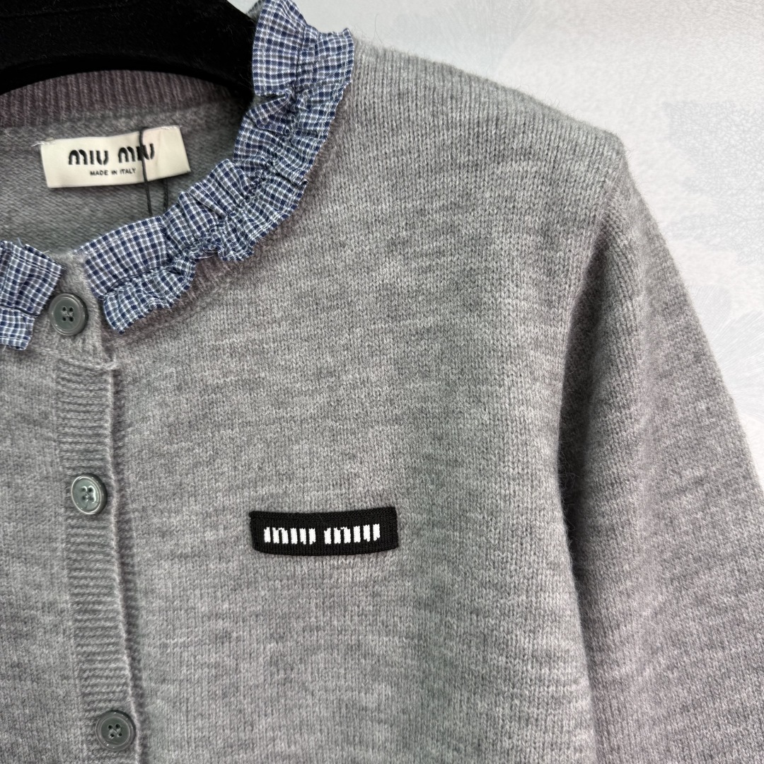 Miu Miu Women's Navy Wool Cardigan with Plaid Trim, Long Sleeve Knit Top 5 cmp i1756312580579 1975 0 4
