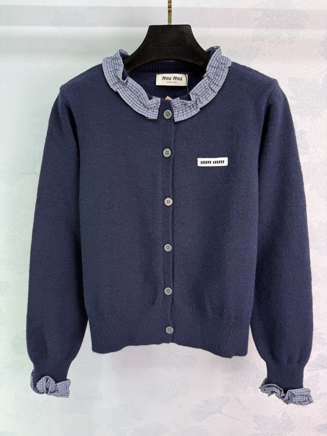 Miu Miu Women's Navy Wool Cardigan with Plaid Trim, Long Sleeve Knit Top 2 cmp i1756312581959 7033 0 1