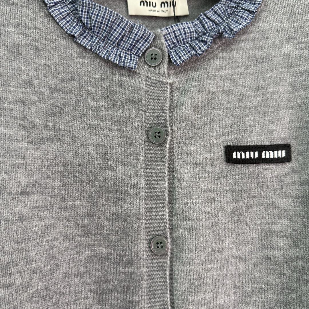 Miu Miu Women's Navy Wool Cardigan with Plaid Trim, Long Sleeve Knit Top 6 cmp i1756312586229 4027 0 5