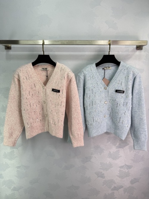 Miu Miu Women's Beaded Wool Blend Cardigan V-Neck Long Sleeve Knitwear 1 Miu Miu Women's Beaded Wool Blend Cardigan V-Neck Long Sleeve Knitwear