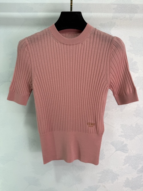 Fendi Women's Pink Wool Blend Ribbed Knit Short Sleeve Top 1 Fendi Women's Pink Wool Blend Ribbed Knit Short Sleeve Top