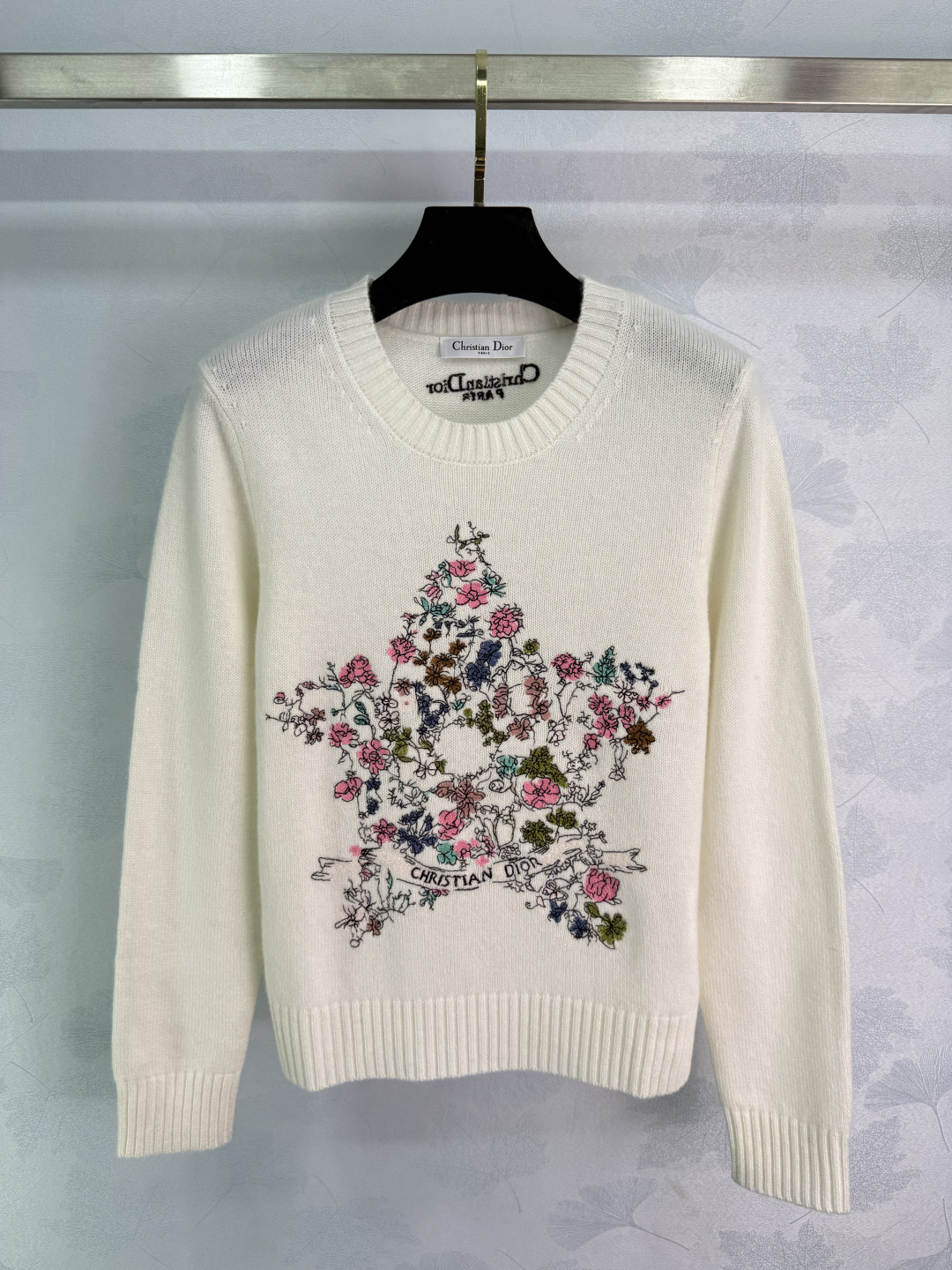 Dior Women's Wool Sweater with Floral Star Embroidery, Long Sleeve