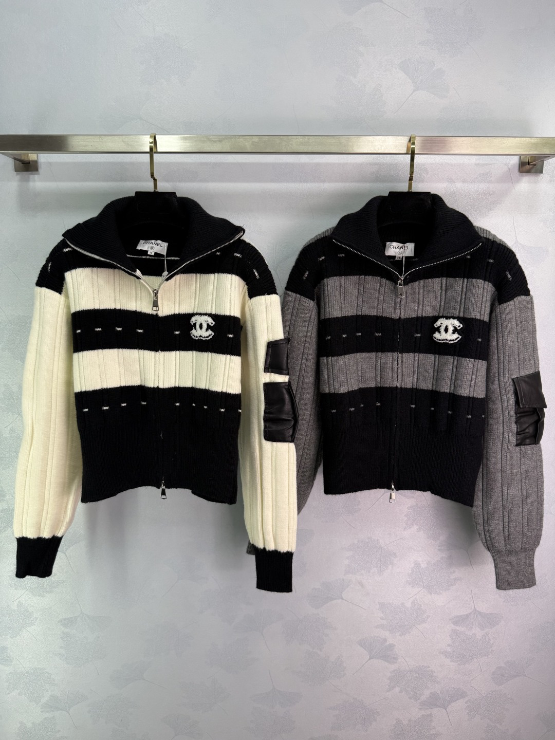 Chanel Classic Striped Knit Cardigan with CC Embroidery and Leather Accents