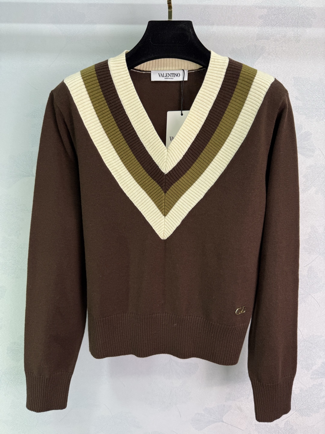 Valentino V-Neck Wool Sweater with Striped Trim - Beige and Brown Options 2 cmp i1759504325011 4215 0 1