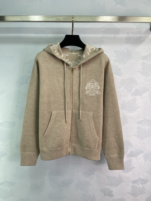 Celine Women's Khaki Zip-Up Hoodie with Embroidered Logo and Two Pockets 1 Celine Women's Khaki Zip-Up Hoodie with Embroidered Logo and Two Pockets