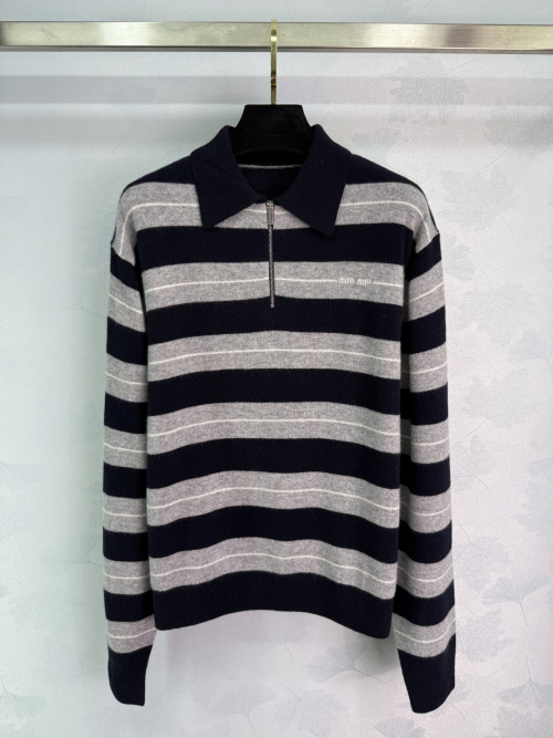 Miu Miu Striped Half-Zip Cashmere Polo Shirt - Navy Grey, Soft & Stylish 1 Miu Miu Striped Half-Zip Cashmere Polo Shirt - Navy Grey, Soft & Stylish