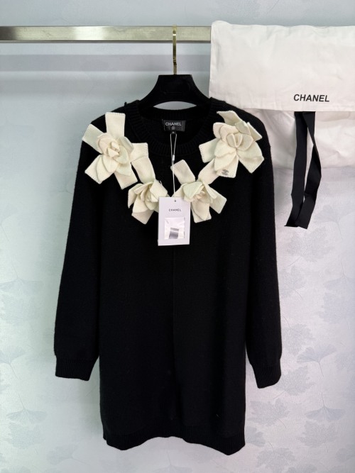 Chanel Women's Black Knit Dress with Floral Appliqués and Diamond Logo 1 Chanel Women's Black Knit Dress with Floral Appliqués and Diamond Logo