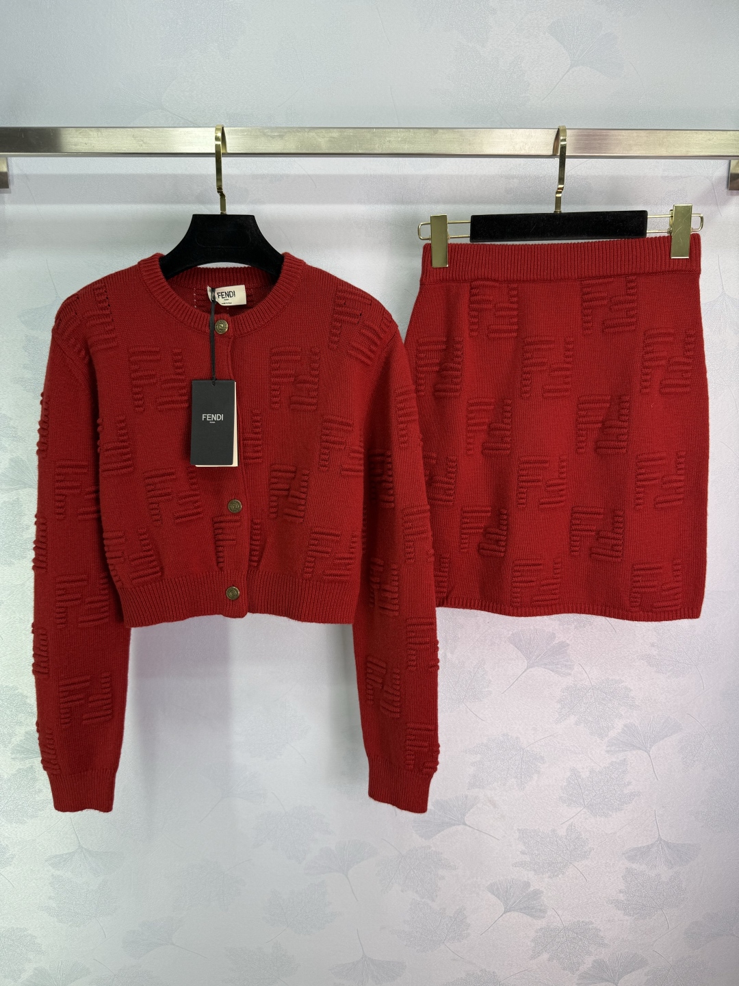 Fendi Red Knit Set: Cardigan and Skirt with FF Embossed Design