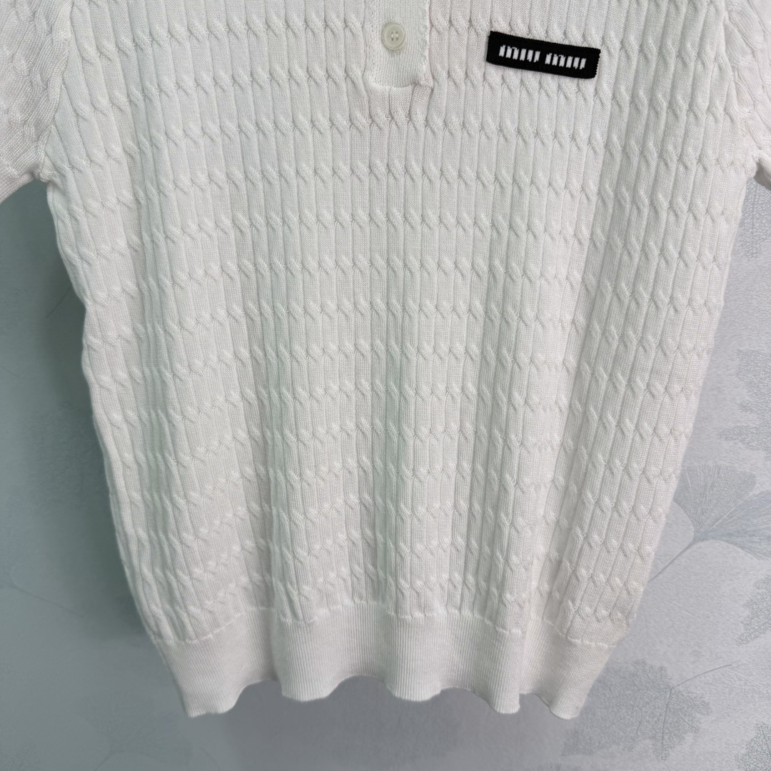 Miu Miu Scallop Polo Cable Knit Short Sleeve Top