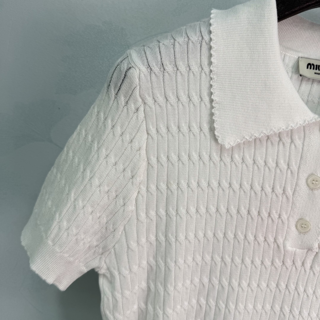 Miu Miu Scallop Polo Cable Knit Short Sleeve Top