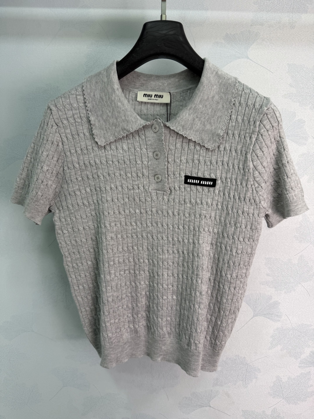 Miu Miu Scallop Polo Cable Knit Short Sleeve Top