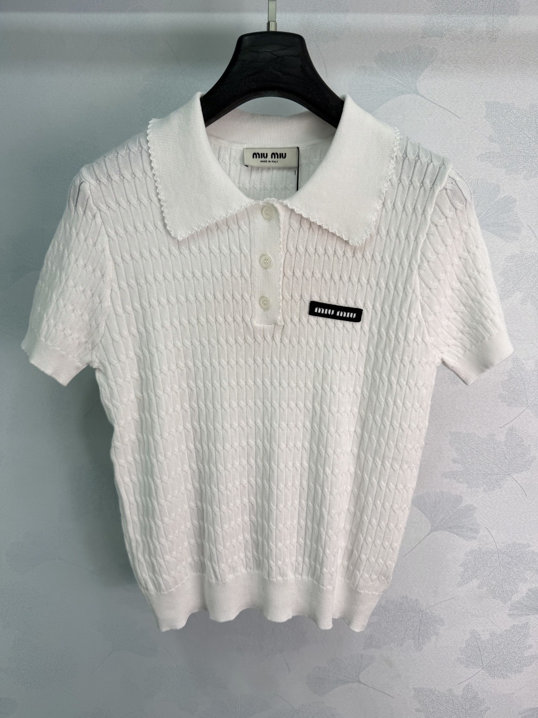 Miu Miu Scallop Polo Cable Knit Short Sleeve Top