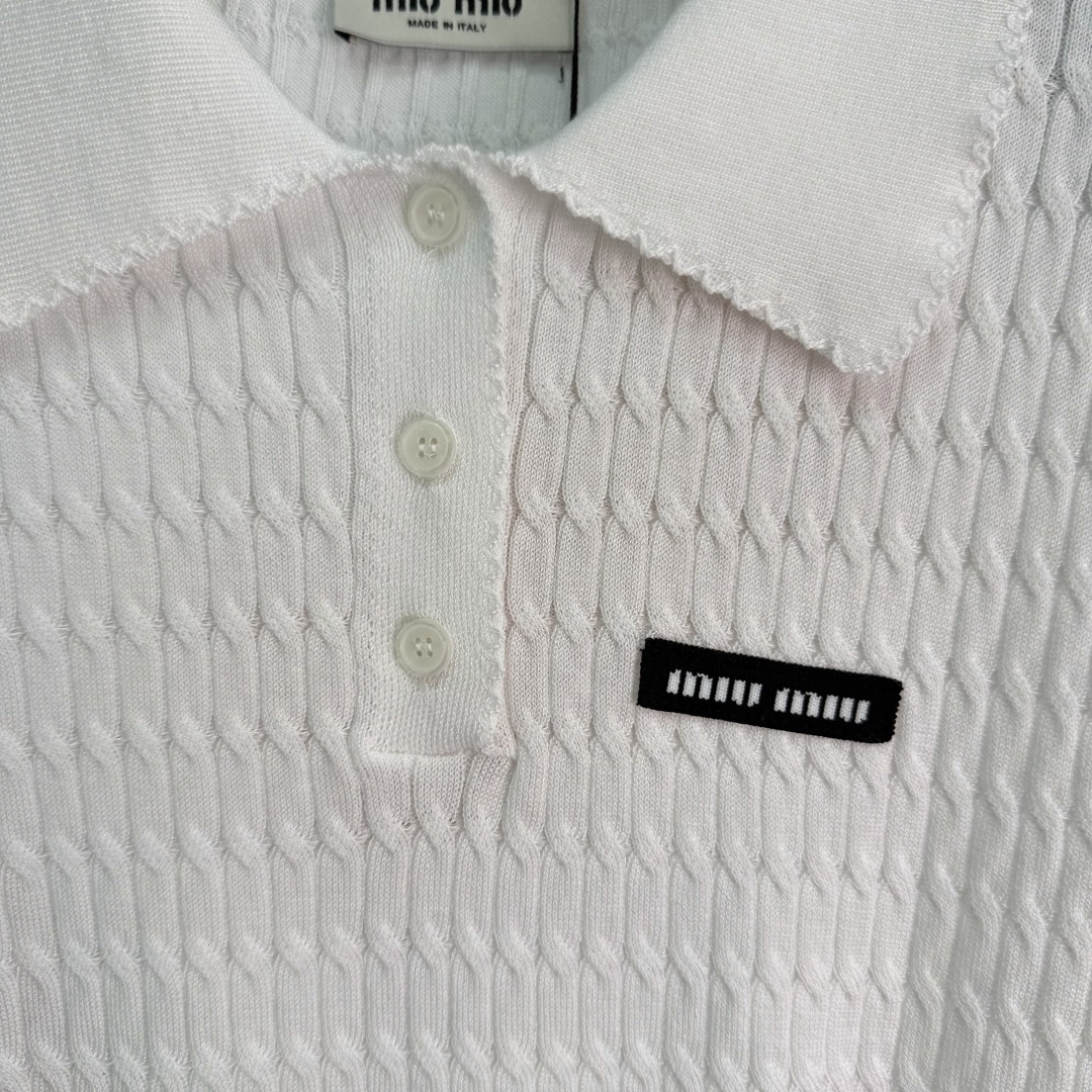 Miu Miu Scallop Polo Cable Knit Short Sleeve Top