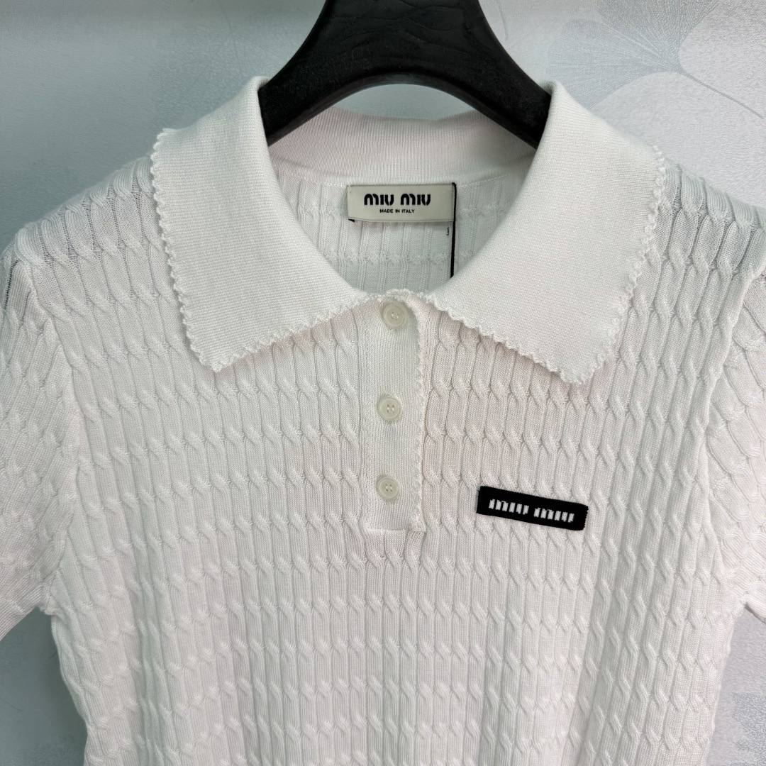Miu Miu Scallop Polo Cable Knit Short Sleeve Top