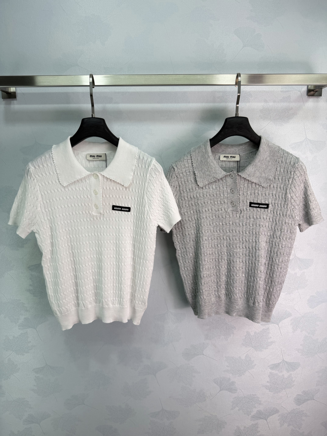 Miu Miu Scallop Polo Cable Knit Short Sleeve Top