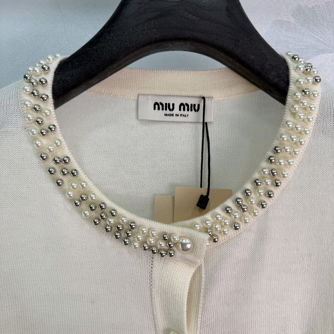 Miu Miu Pearl Neck Embroidered Knit Cardigan