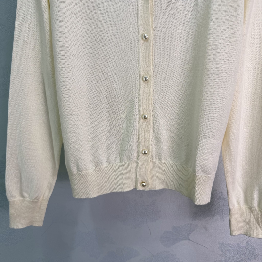 Miu Miu Pearl Neck Embroidered Knit Cardigan