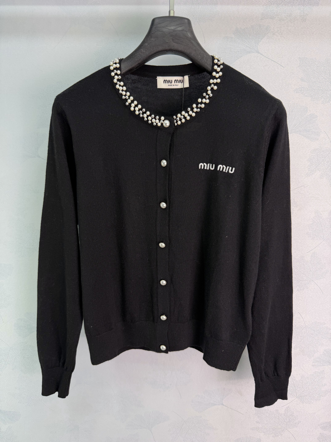 Miu Miu Pearl Neck Embroidered Knit Cardigan