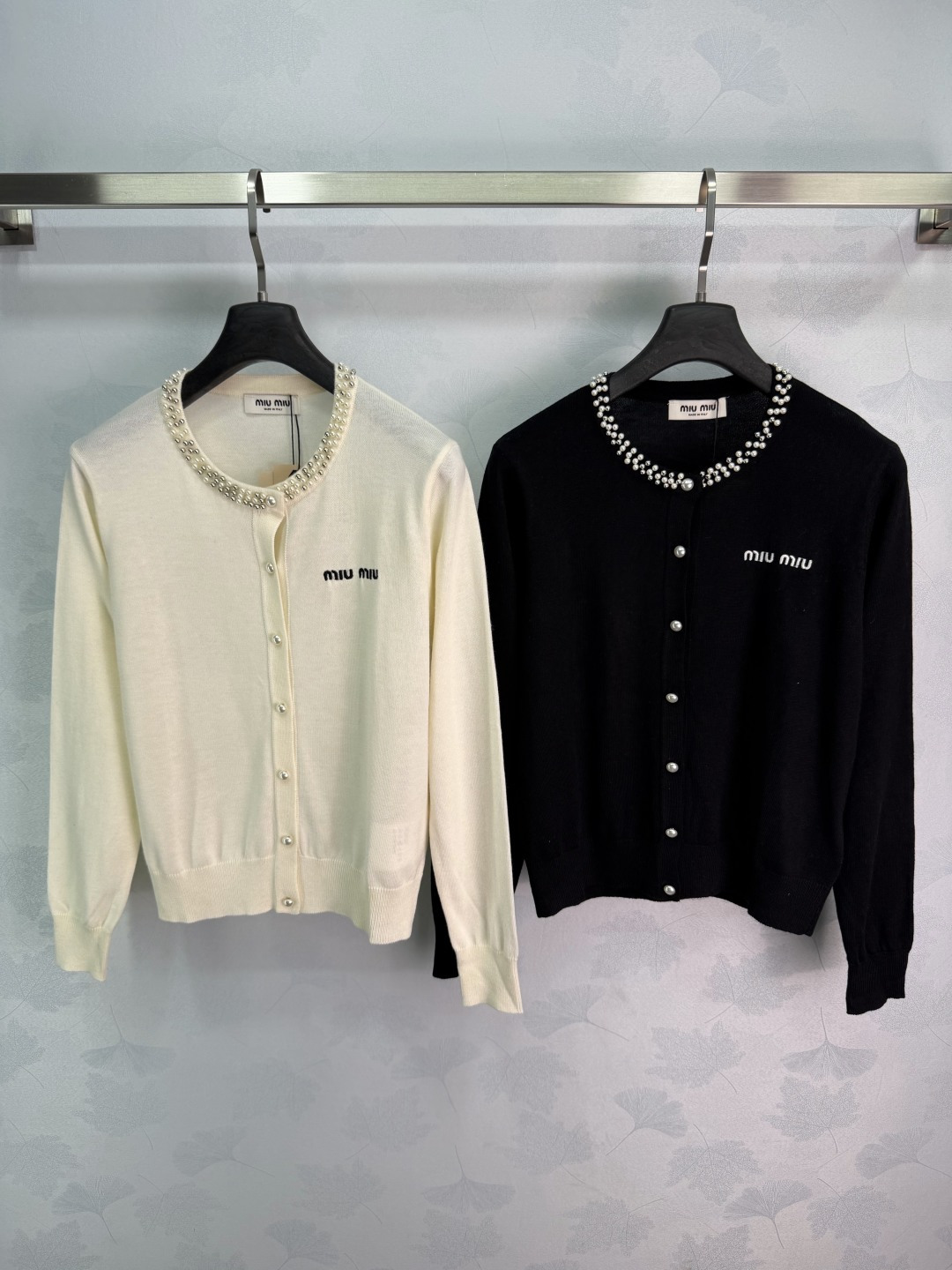 Miu Miu Pearl Neck Embroidered Knit Cardigan