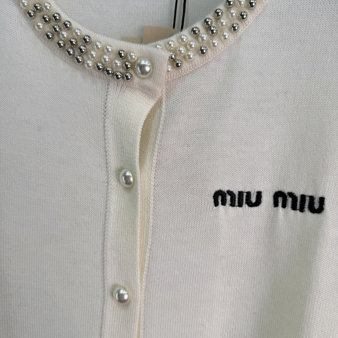 Miu Miu Pearl Neck Embroidered Knit Cardigan