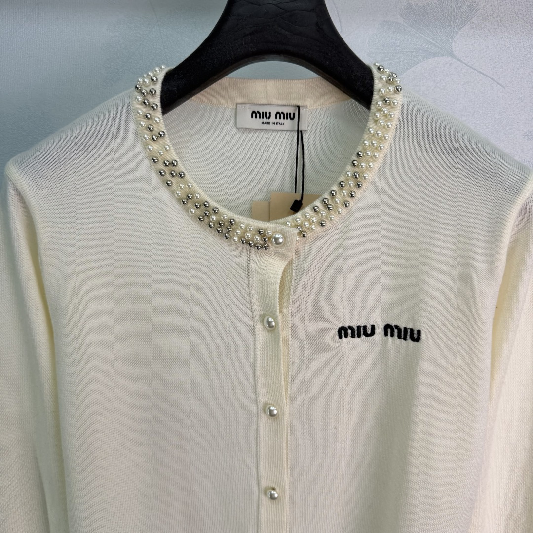 Miu Miu Pearl Neck Embroidered Knit Cardigan