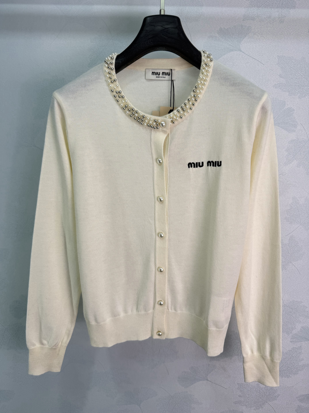 Miu Miu Pearl Neck Embroidered Knit Cardigan