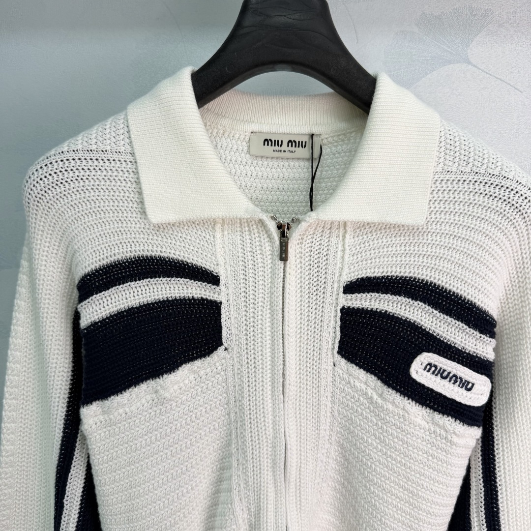 Miu Miu Stripe Color Block Lapel Zip Knit Cardigan