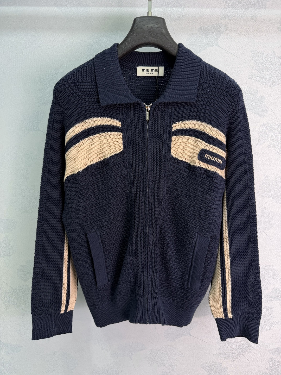 Miu Miu Stripe Color Block Lapel Zip Knit Cardigan