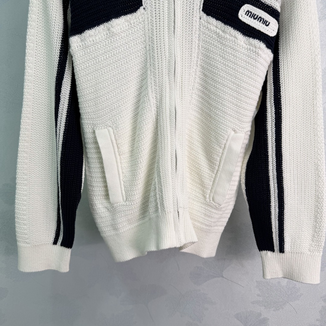 Miu Miu Stripe Color Block Lapel Zip Knit Cardigan