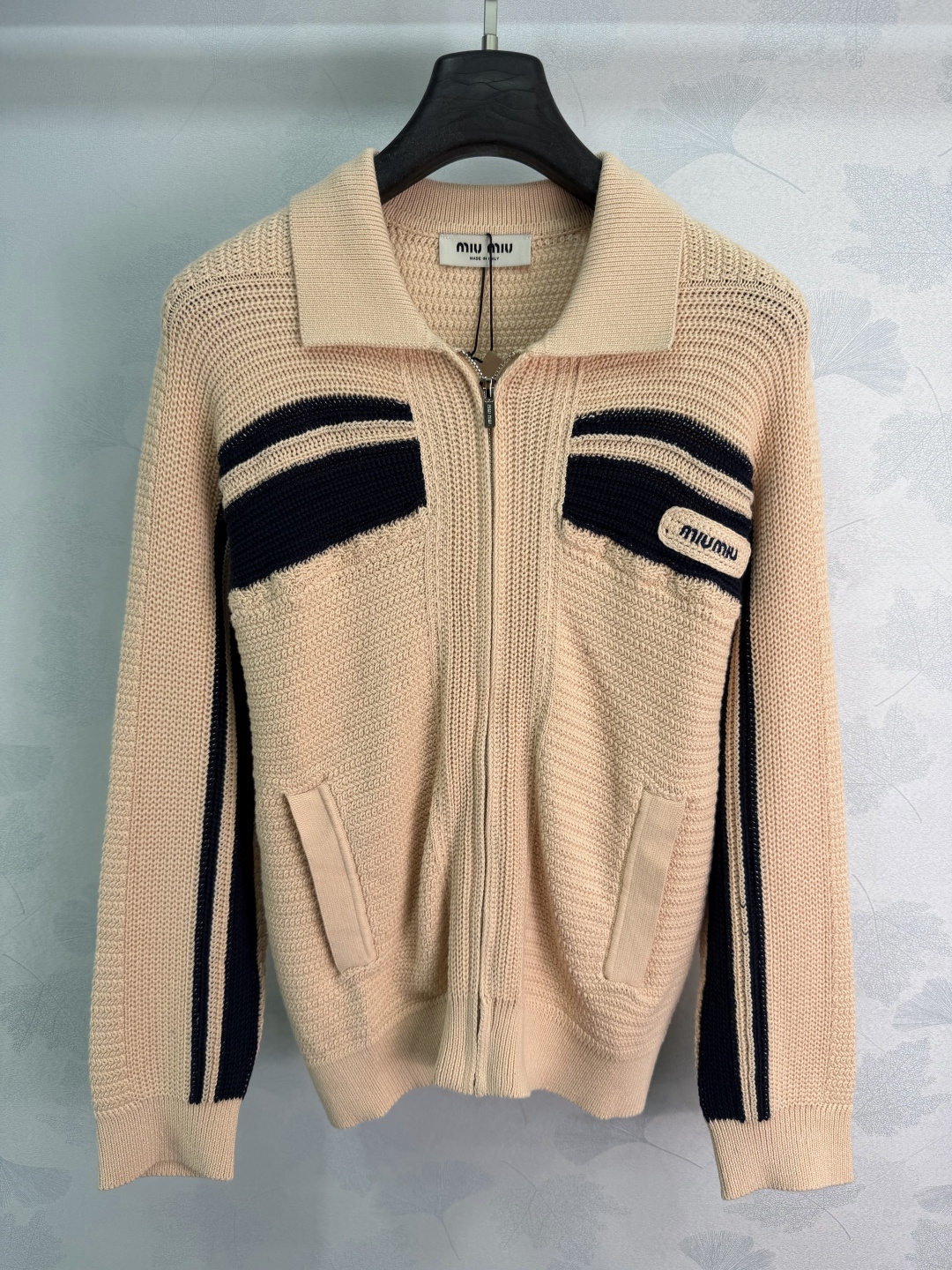 Miu Miu Stripe Color Block Lapel Zip Knit Cardigan