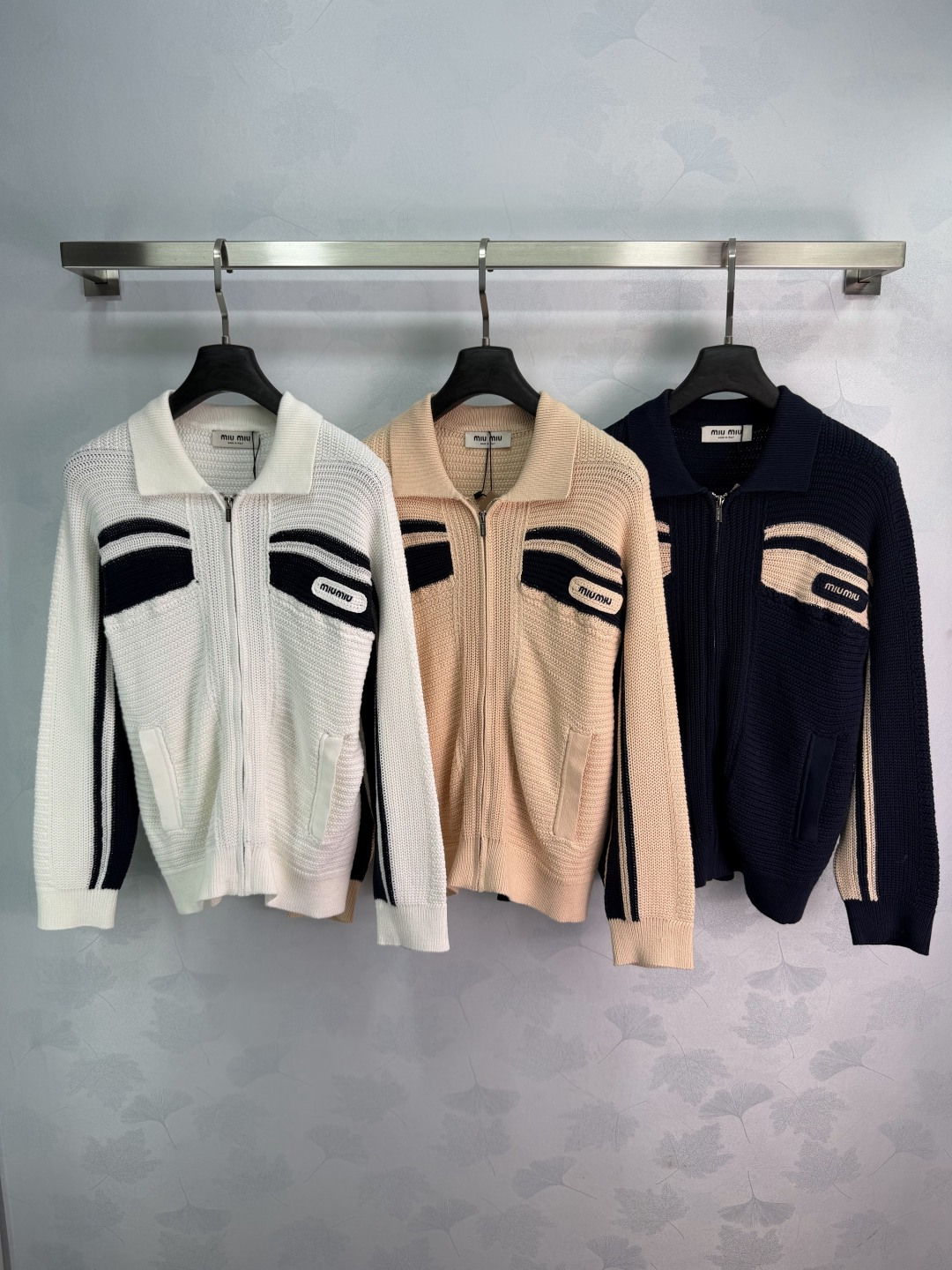 Miu Miu Stripe Color Block Lapel Zip Knit Cardigan
