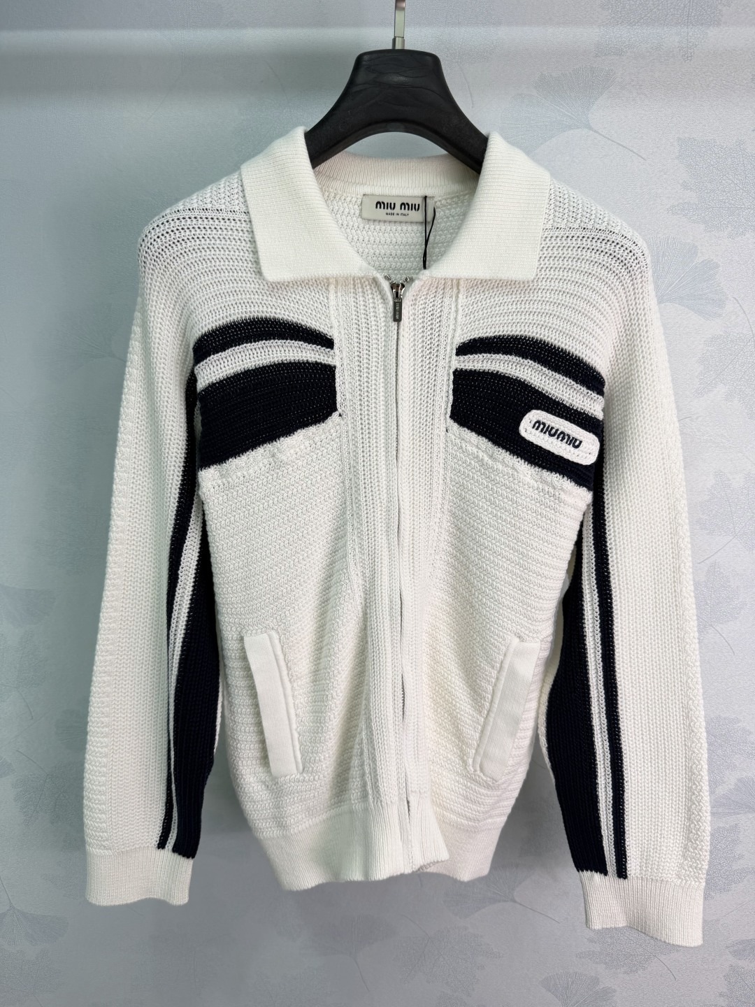 Miu Miu Stripe Color Block Lapel Zip Knit Cardigan