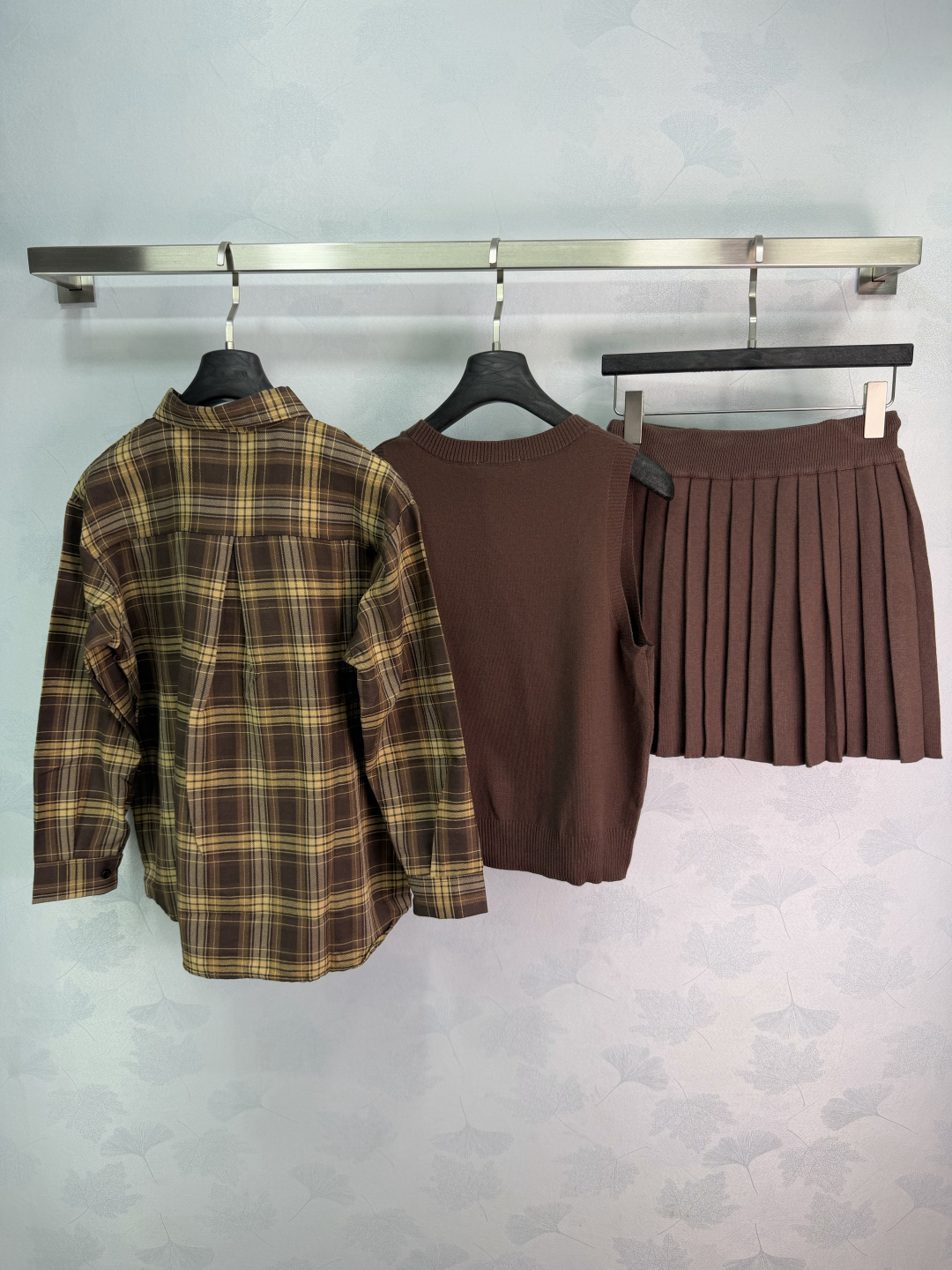 Miu Miu Vintage Plaid Shirt Vest Pleated Skirt 3-P