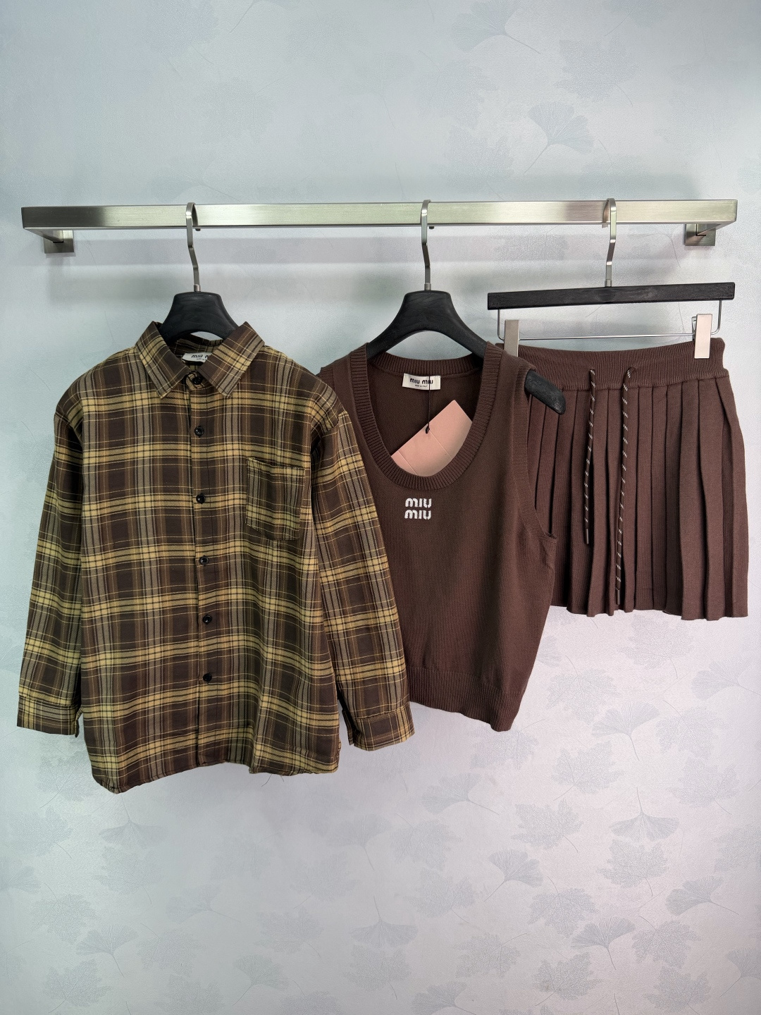 Miu Miu Vintage Plaid Shirt Vest Pleated Skirt 3-P