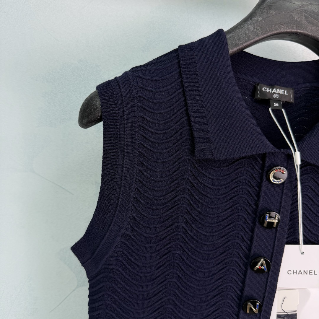 Chanel Navy Sleeveless Polo Wave Knit Midi Dress