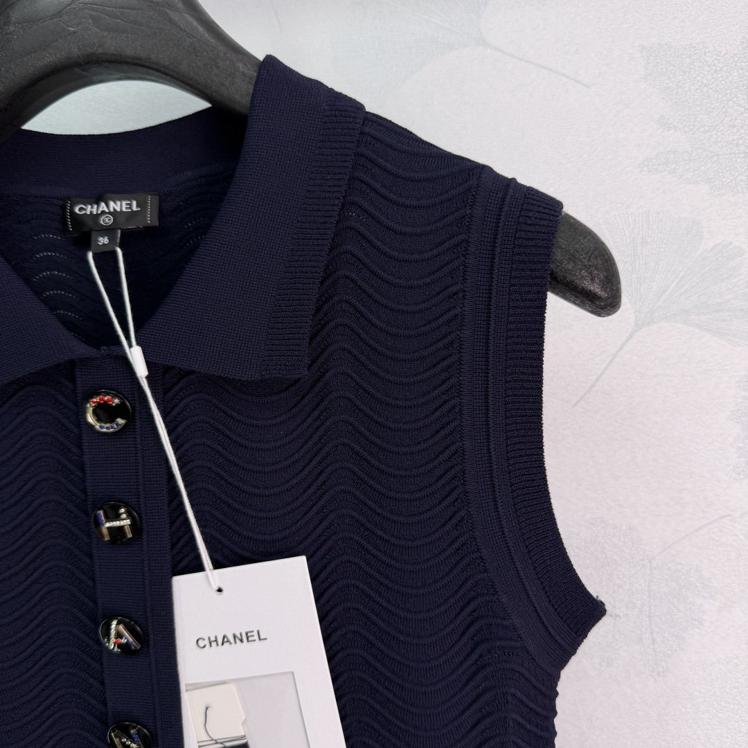 Chanel Navy Sleeveless Polo Wave Knit Midi Dress