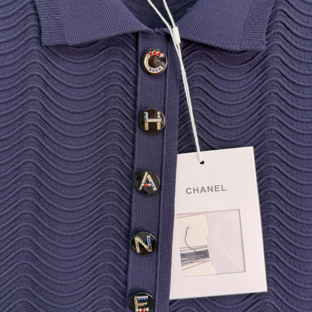 Chanel Navy Sleeveless Polo Wave Knit Midi Dress