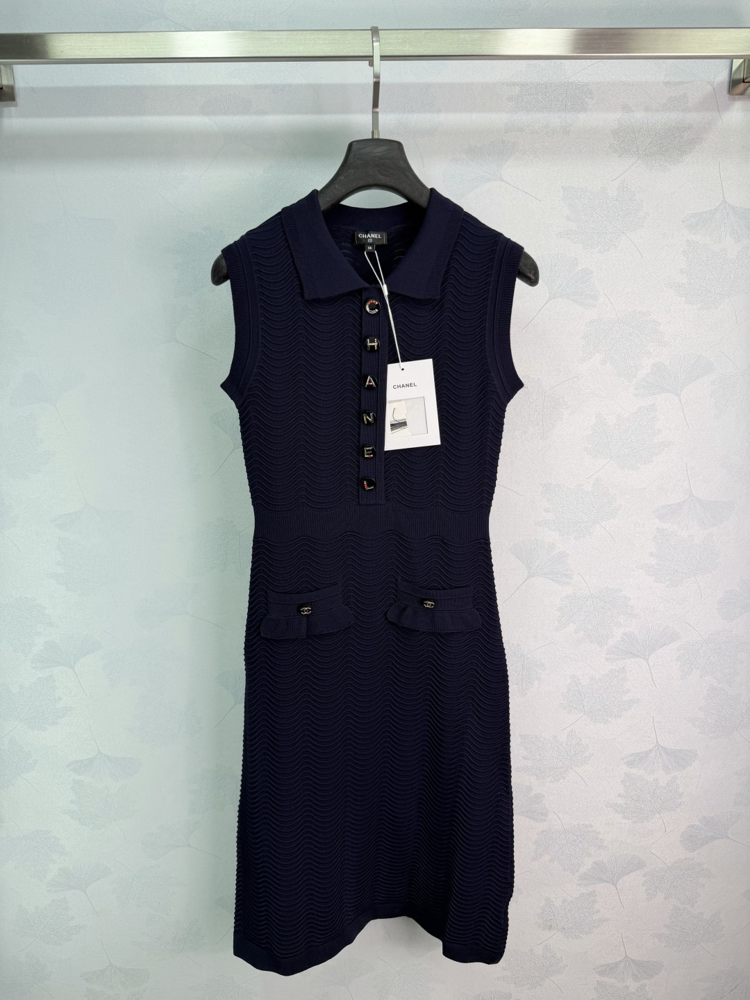 Chanel Navy Sleeveless Polo Wave Knit Midi Dress