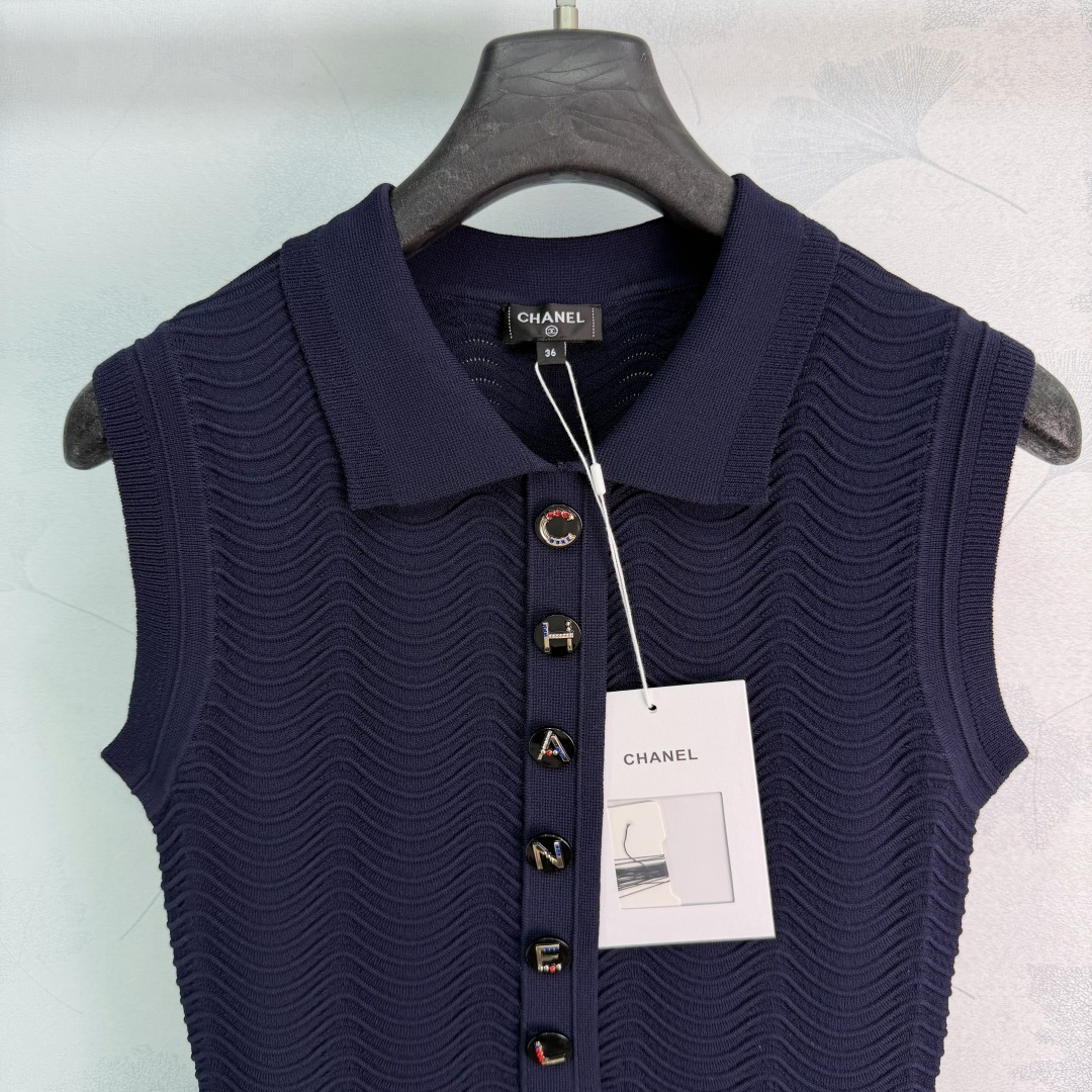 Chanel Navy Sleeveless Polo Wave Knit Midi Dress