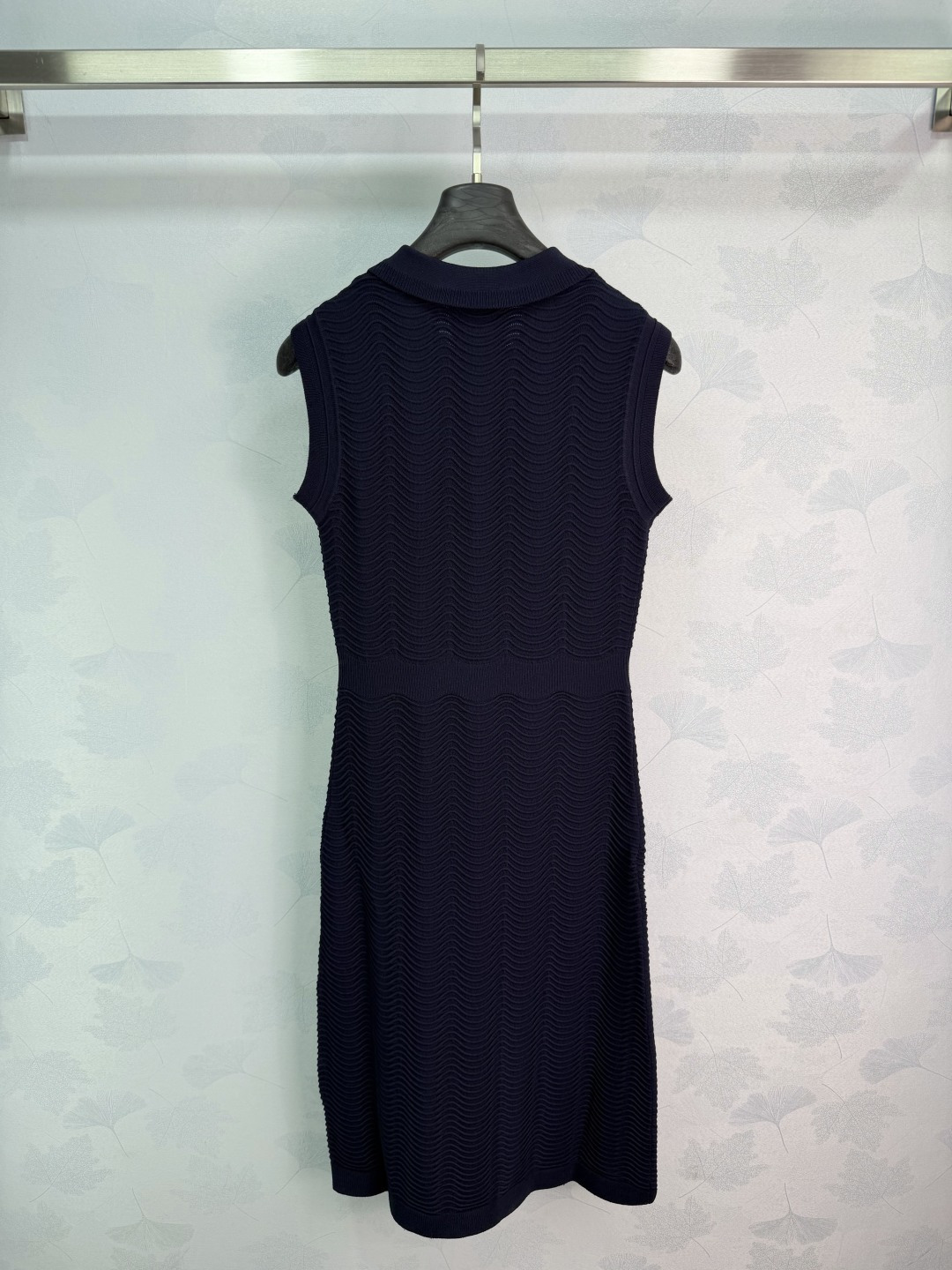 Chanel Navy Sleeveless Polo Wave Knit Midi Dress