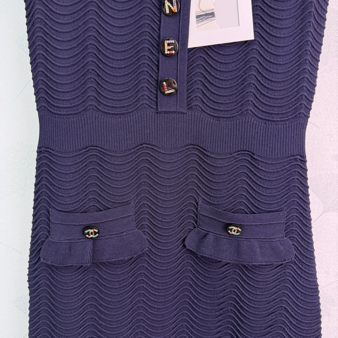 Chanel Navy Sleeveless Polo Wave Knit Midi Dress