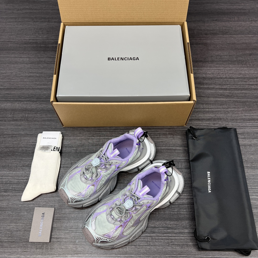 Balenciaga 纯 本Balenciaga巴黎世家 3XL Nylon 人造革 圆头抽绳 低帮 老爹鞋 绿紫色 在延续 Track Trainer 户外轮廓和复杂鞋面结构的同时